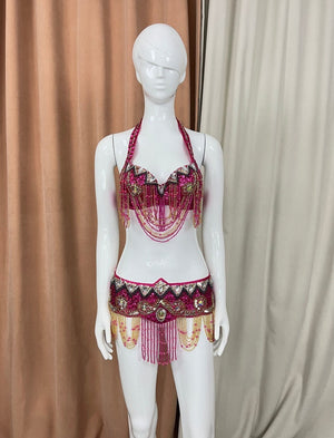 Belly Dance Costume Women's Fuchsia & Gold Beaded Halter Top & Hip Skirt with Sequins and Rhinestones