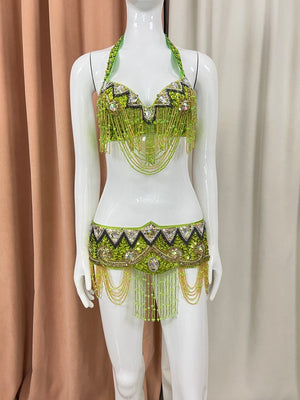 Belly Dance Costume, Women's Pink & Gold Beaded Sequin Halter Top & Hip Scarf Set, Embellished Tassel Fringe, Performance Apparel