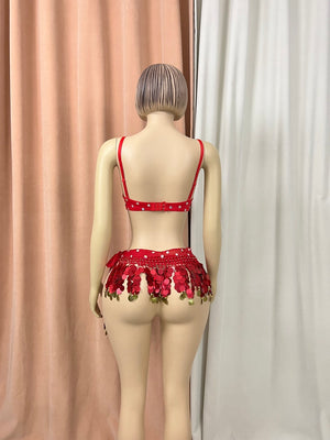 Belly Dance Bra and Belt Set, Women's Red Sequin & Rhinestone Embellished with Gold Coin Fringe, Performance Costume
