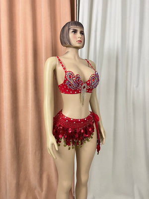 Belly Dance Bra and Belt Set, Women's Red Sequin & Rhinestone Embellished with Gold Coin Fringe, Performance Costume