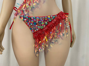 Women's Red Sequin Fringe Crystal Rhinestone Two-Piece Bikini Set Latin Dancewear