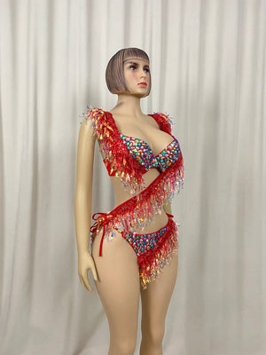 Women's Red Sequin Fringe Crystal Rhinestone Two-Piece Bikini Set Latin Dancewear