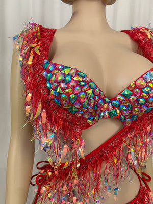 Women's Red Sequin Fringe Crystal Rhinestone Two-Piece Bikini Set Latin Dancewear