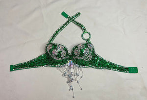 Belly Dance Halter Top Women's White Sequin Beaded Rhinestone Bra with Draped Fringe