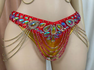 Belly Dance Costume Women's Red Embellished Rhinestone & Gold Chain Halter Bra and Hip Scarf Set for Performance
