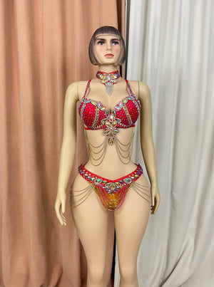 Belly Dance Costume Women's Red Embellished Rhinestone & Gold Chain Halter Bra and Hip Scarf Set for Performance
