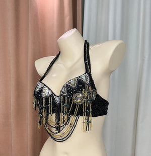 Women's White/Gold/Silver Sequin Beaded Halter Neck Belly Dance Bra Top - Tribal/Cabaret Style