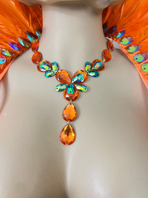Carnival Dance Costume, Women's Orange Feathered Sequin Rhinestone Samba Mardi Gras Performance Wear