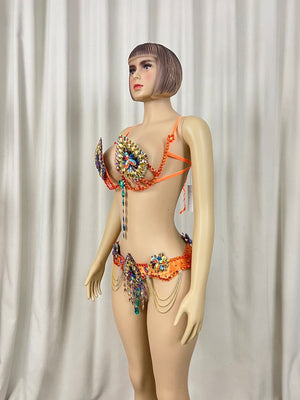 Carnival Samba Belly Dance Bra Belt Set, Women's Orange Gold Rhinestone Sequin Beaded Fringe Latin Dance Costume