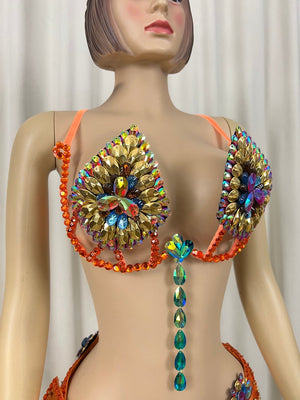 Carnival Samba Belly Dance Bra Belt Set, Women's Orange Gold Rhinestone Sequin Beaded Fringe Latin Dance Costume