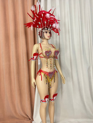 Carnival Dance Costume Women's Red and Gold Sequin Feathered Headdress Bustier and Bottoms with Chains and Armbands Samba Dance