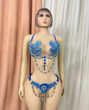 Dancewear Women's Blue Embellished Rhinestone and Beaded Two-Piece Set with Peacock Motif - Belly Dance/Carnival