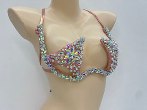 Dancing Bra Women's Pink Rhinestone Beaded Halter Top Open Cup Rave Dancewear