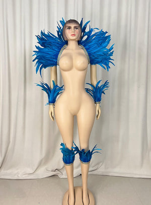 Feather Dance Costume, Women's Red Yellow Feathered Sequin Trim Shoulder Piece Armbands Ankle Cuffs, Carnival Samba Latin Dance