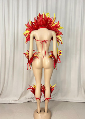 Feather Dance Costume, Women's Red Yellow Feathered Sequin Trim Shoulder Piece Armbands Ankle Cuffs, Carnival Samba Latin Dance