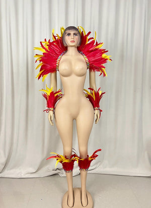 Feather Dance Costume, Women's Red Yellow Feathered Sequin Trim Shoulder Piece Armbands Ankle Cuffs, Carnival Samba Latin Dance