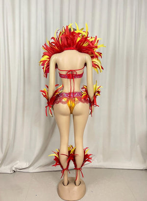Carnival Dance Costume, Women's Red and Yellow Feathered Embellished Sequin Mardi Gras Outfit