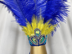 Carnival Dance Costume Women's Blue & Yellow Feathered Sequin Embellished Two-Piece Set with Headpiece & Leg Cuffs, Samba/Brazilian Dance