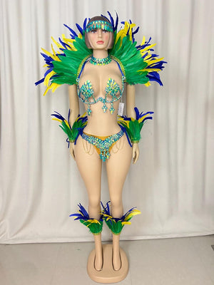 Carnival Dance Costume, Women's Green Yellow Blue Feathered Crystal Embellished Brazilian Samba Set