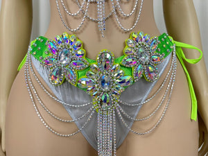 Dancewear Women's Neon Green & Silver Sequin Rhinestone Chain Fringe Bra & High-Cut Bottom Set for Carnival/Stage Performance