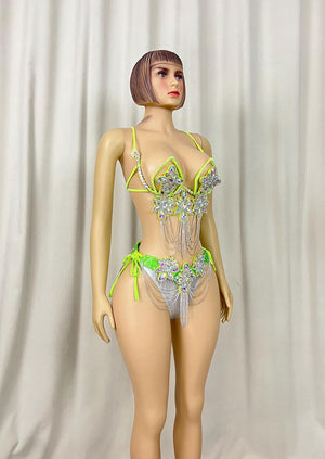Dancewear Women's Neon Green & Silver Sequin Rhinestone Chain Fringe Bra & High-Cut Bottom Set for Carnival/Stage Performance