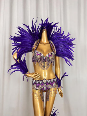 Women's Purple Sequin Feathered Latin Samba Dance Costume with Beaded Fringe