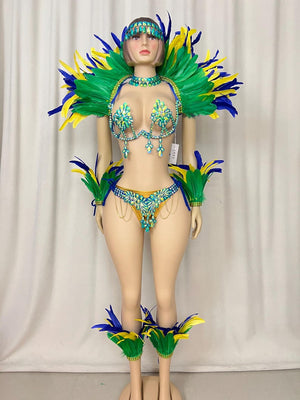 Carnival Dance Costume, Women's Green Yellow Blue Feathered Crystal Embellished Brazilian Samba Set