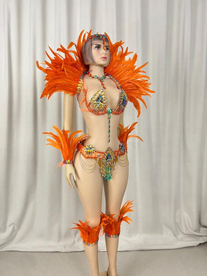 Carnival Dance Costume, Women's Orange Feathered Sequin Rhinestone Samba Mardi Gras Performance Outfit