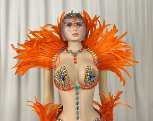Carnival Dance Costume, Women's Orange Feathered Sequin Rhinestone Samba Mardi Gras Performance Outfit