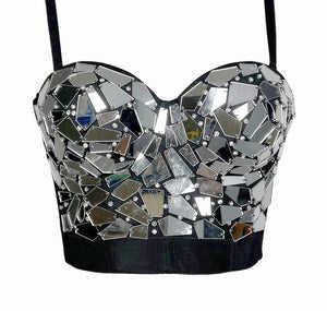 Women's Black & Silver Mirrored Sequin Rhinestone Sweetheart Neck Crop Top for Dance Performances