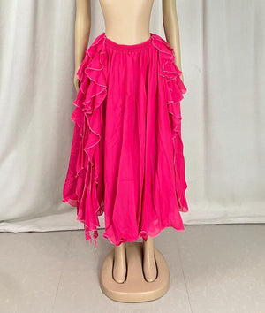 Belly Dance Women's Sky Blue Chiffon Ruffled Skirt with Sequin and Beaded Hip Scarf