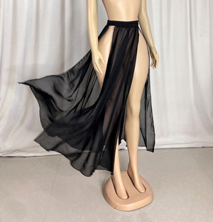 Women's Black Sheer Side Slit Chiffon Maxi Skirt - Belly Dance Cover-Up