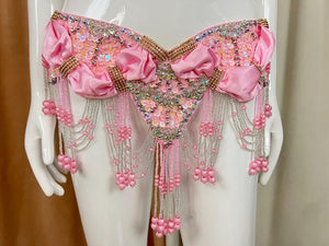 Belly Dance Costume Pink Halter Top and Skirt with Silver Beading and Pink Beads, Fringe Embellishments, Women's Belly Dance Set