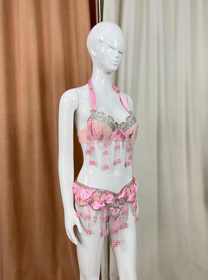 Belly Dance Costume Pink Halter Top and Skirt with Silver Beading and Pink Beads, Fringe Embellishments, Women's Belly Dance Set