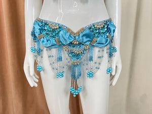 Belly Dance Bra and Belt Set, Women's Blue Beaded & Sequin Halter Top with Matching Hip Scarf, Satin & Chiffon, Tribal Fusion Dancewear