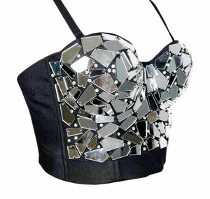 Women's Black & Silver Mirrored Sequin Rhinestone Sweetheart Neck Crop Top for Dance Performances