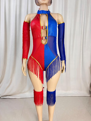 Women's Red and Blue Halter Fringe Bodysuit with Sleeves and Leg Cuffs for Dance