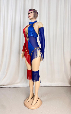 Women's Red and Blue Halter Fringe Bodysuit with Sleeves and Leg Cuffs for Dance