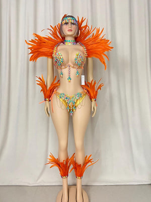 Carnival Dance Costume Women Orange Feathered Sequin Rhinestone Bikini Set with Headband, Armbands, and Ankle Cuffs
