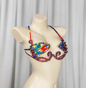 Bikini Top Women's Multi-color Rhinestone Embellished Abstract Print Tie-Dye Straps Dance