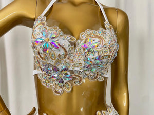 Women's White Embellished Halter Neck Two-Piece Ballroom Latin Dance Dress with Ruffled Skirt