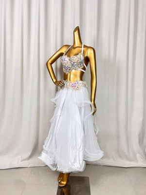 Women's White Embellished Halter Neck Two-Piece Ballroom Latin Dance Dress with Ruffled Skirt