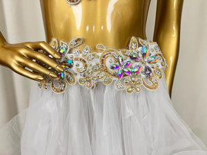 Women's White Embellished Halter Neck Two-Piece Ballroom Latin Dance Dress with Ruffled Skirt