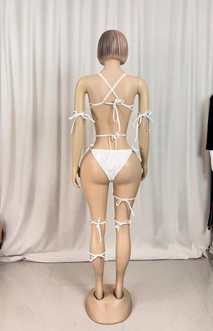 Women's White Sequin Fringe Rhinestone Halter Bodysuit with Leg Garters - Carnival Dancewear