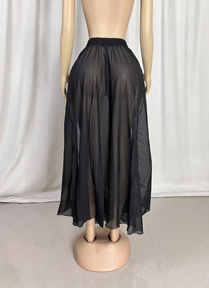 Women's Black Sheer Side Slit Chiffon Maxi Skirt - Belly Dance Cover-Up