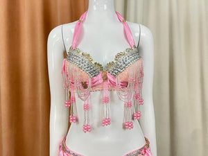 Belly Dance Costume Pink Halter Top and Skirt with Silver Beading and Pink Beads, Fringe Embellishments, Women's Belly Dance Set