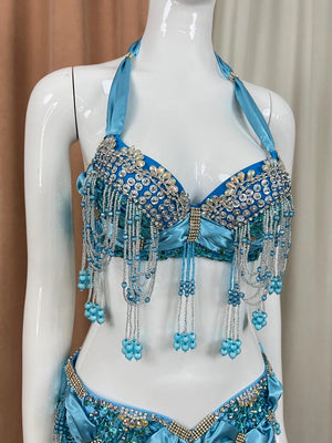 Belly Dance Bra and Belt Set, Women's Blue Beaded & Sequin Halter Top with Matching Hip Scarf, Satin & Chiffon, Tribal Fusion Dancewear