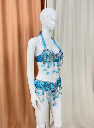 Belly Dance Bra and Belt Set, Women's Blue Beaded & Sequin Halter Top with Matching Hip Scarf, Satin & Chiffon, Tribal Fusion Dancewear