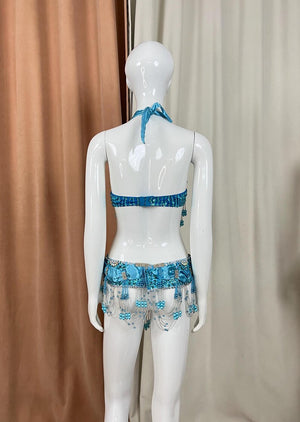 Belly Dance Bra and Belt Set, Women's Blue Beaded & Sequin Halter Top with Matching Hip Scarf, Satin & Chiffon, Tribal Fusion Dancewear