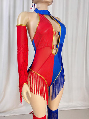 Women's Red and Blue Halter Fringe Bodysuit with Sleeves and Leg Cuffs for Dance